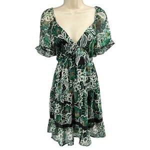 Band of the Free Emerald Floral Mini Dress Lace Up Smocked Boho Cottagecore